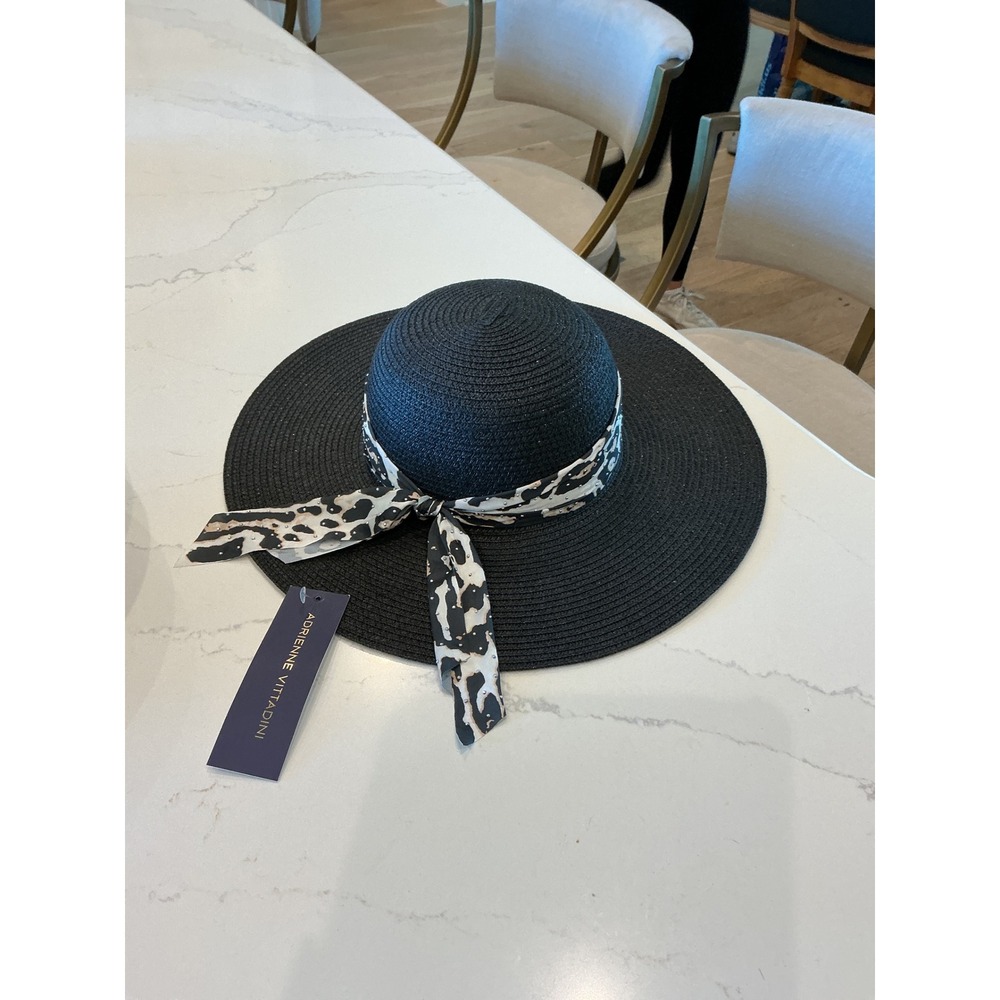 Adrienne Vittadini Black Straw Sun Hat Leopard Scarf Bow Rhinestones AVST657 NWT